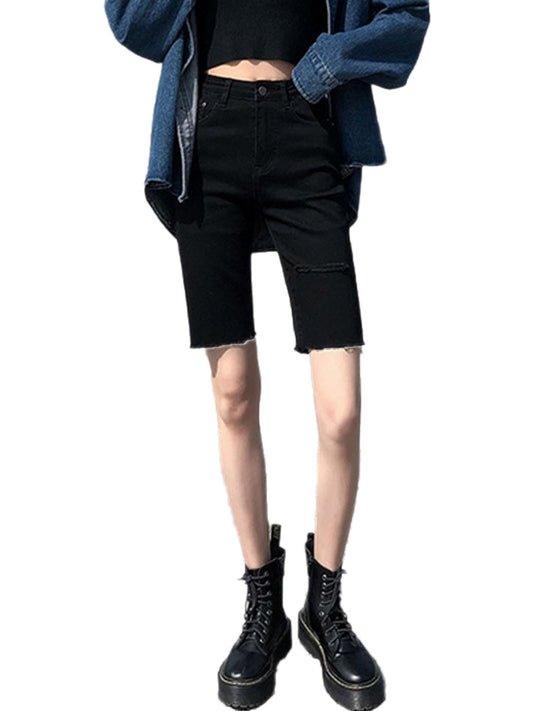 Anna-Kaci Women's High Waist Ripped Hole Denim Shorts Stretchy Bermuda Distressed Raw Hem Jean Shorts