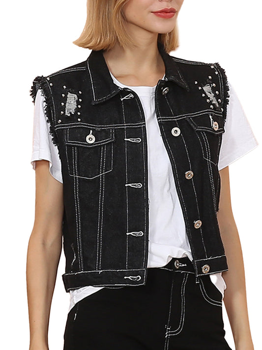 Anna-Kaci Women Sleeveless Distressed Denim Jean Vest Jacket Button Up Crop Outwear