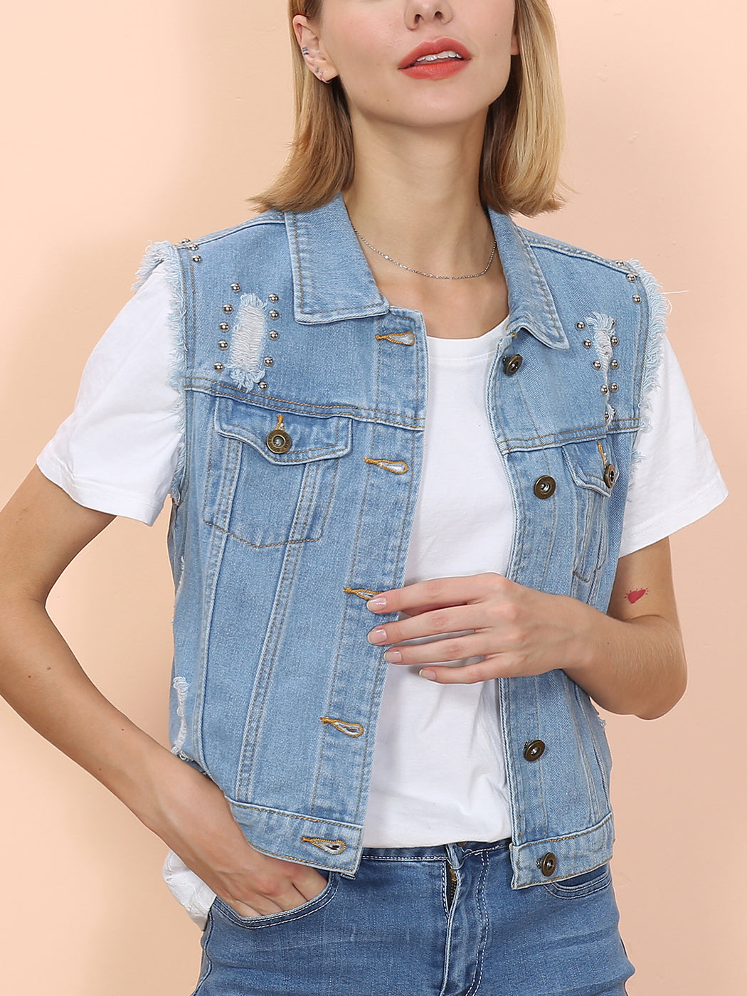 Anna-Kaci Women Sleeveless Distressed Denim Jean Vest Jacket Button Up Crop Outwear