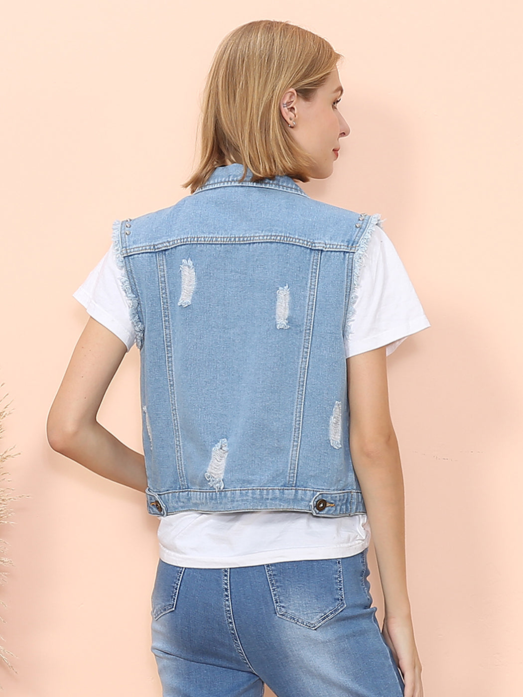 Anna-Kaci Women Sleeveless Distressed Denim Jean Vest Jacket Button Up Crop Outwear