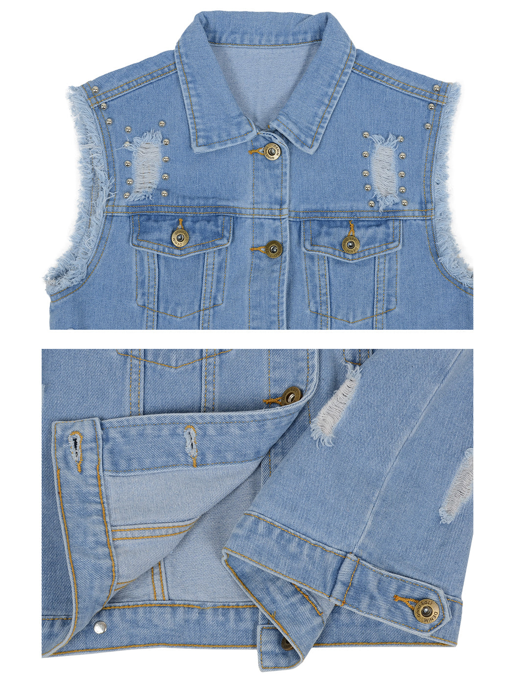 Anna-Kaci Women Sleeveless Distressed Denim Jean Vest Jacket Button Up Crop Outwear