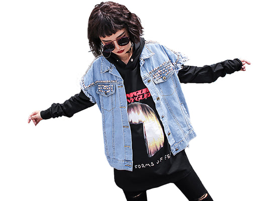 Anna-Kaci Women's Button Up Distressed Jeans Punk Denim Vest Sleeveless Jean Jackets With Rivets