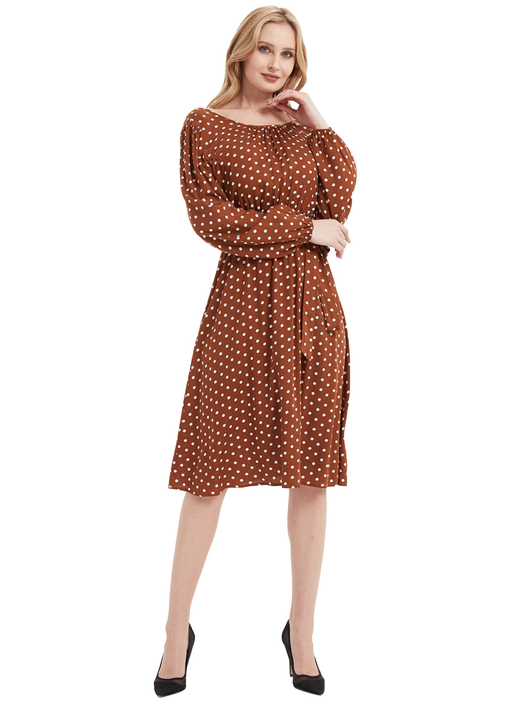 Anna-Kaci Sexy Backless Polka Dot Dress for Women Long Sleeve Round Neck Tie Waist A-Line Dresses