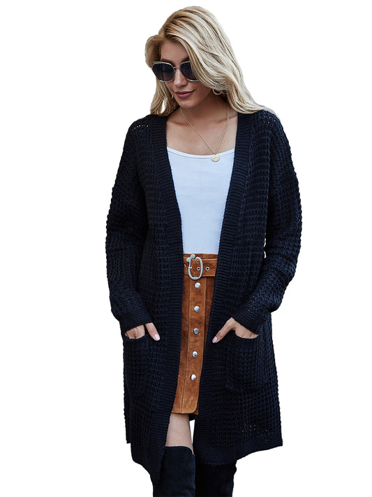 Anna-Kaci Women¡¯s Solid Knit Long Sleeve Cardigan with Pockets, Open Front Lightweight Drop Shoulder Waffle Sweater Cover Up