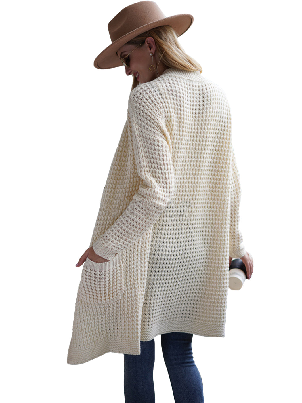 Anna-Kaci Women¡¯s Solid Knit Long Sleeve Cardigan with Pockets, Open Front Lightweight Drop Shoulder Waffle Sweater Cover Up