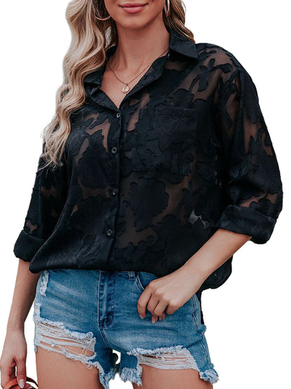 Anna-Kaci Women's Chiffon Floral Long Sleeves Semi Sheer Turndown Collar Button Down Blouse Shirt