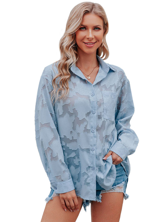 Anna-Kaci Women's Chiffon Floral Long Sleeves Semi Sheer Turndown Collar Button Down Blouse Shirt