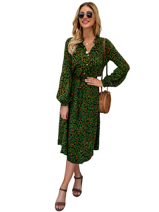 Anna-Kaci Women's Leopard Long Lantern Sleeves Drawstring Tie Waist Midi Dress