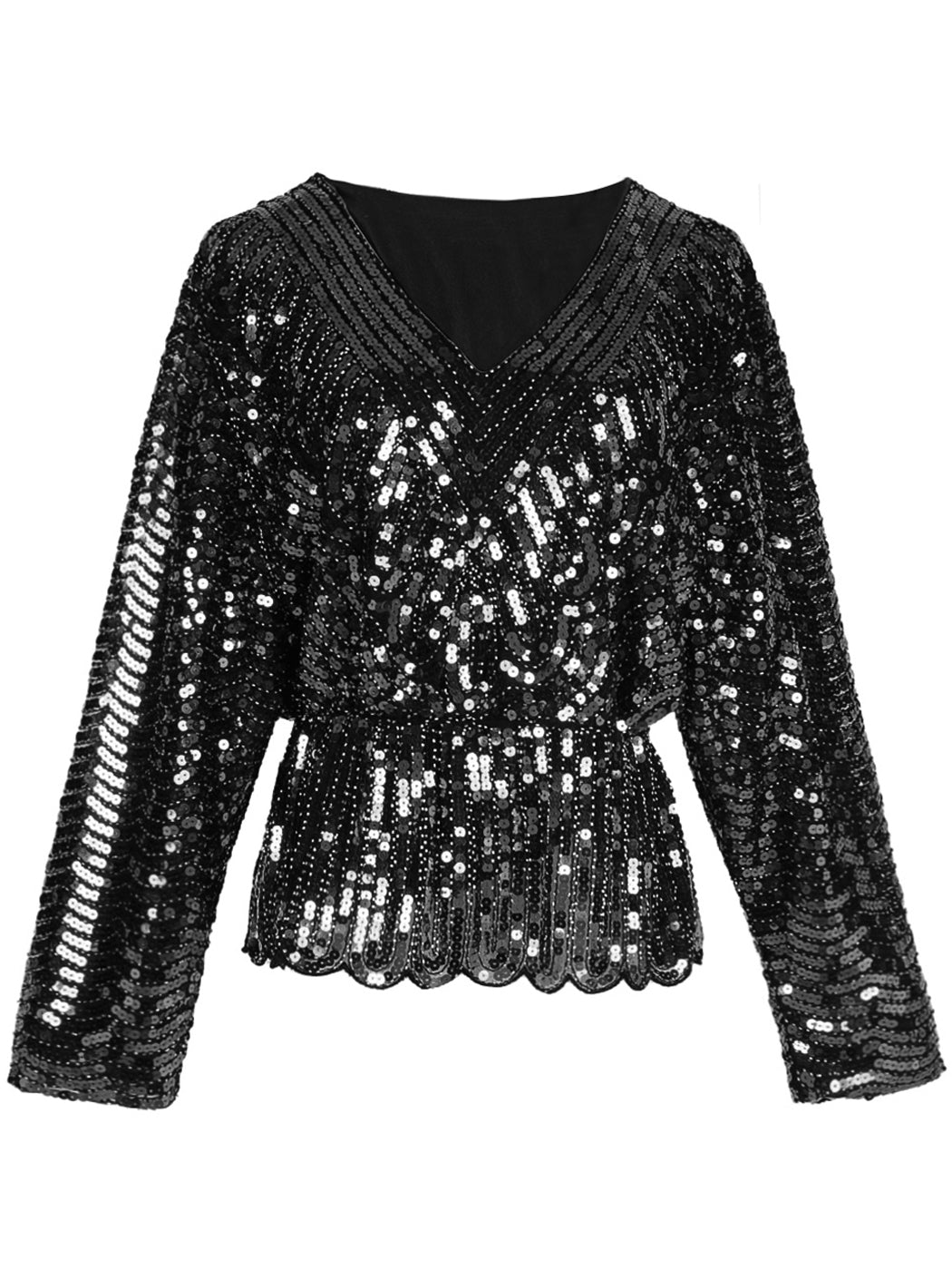 Anna-Kaci Womens 1920s Vintage Beaded Sparkly Sequin V Neck Long Sleeve Elastic Waist Batwing Party Tops