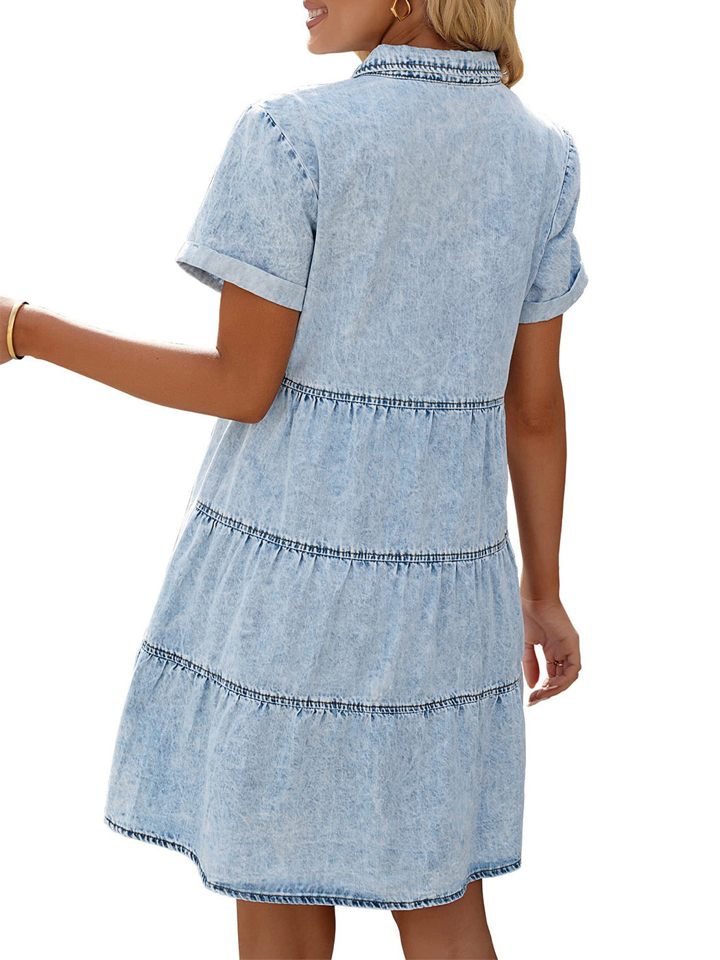 Anna-Kaci Women's Casual Short Sleeve High Waist Button Down Tiered Denim Shirt Dress