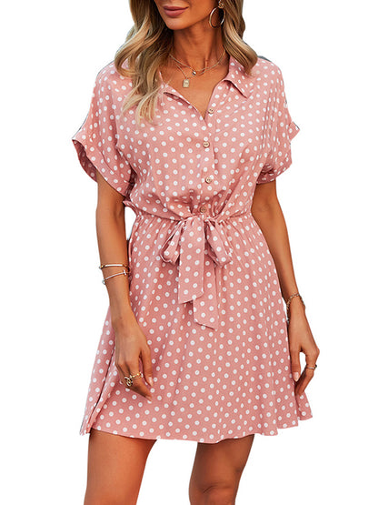 Anna-Kaci Womens Casual Dress Short Sleeves Button Up Polka Dot Printed Tie Waist Mini Dresses