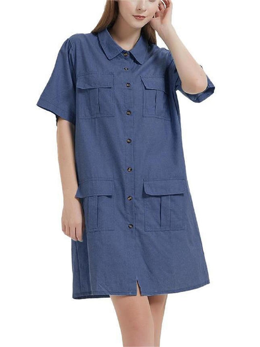 Anna-Kaci Women Short Sleeve Jean Shirt Dress Button Down Collar Summer Casual Dresses with Pocket
