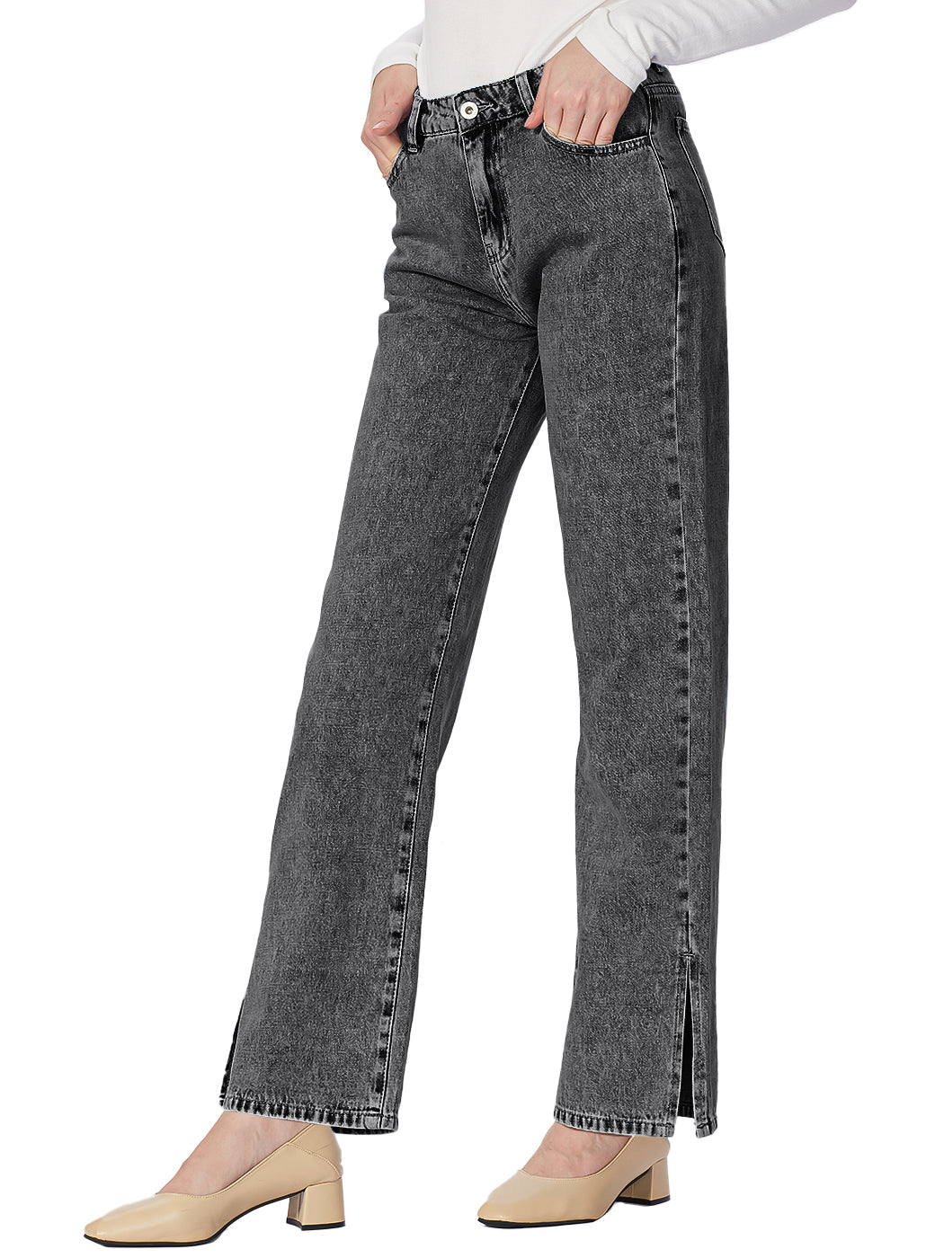 Women's High Rise Straight Leg Ankle Jeans Washed Side Slit Denim Pants