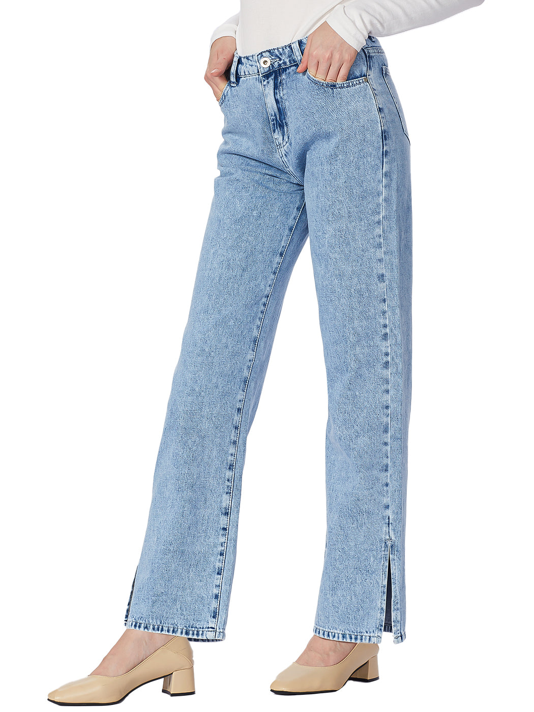 Women's High Rise Straight Leg Ankle Jeans Washed Side Slit Denim Pants