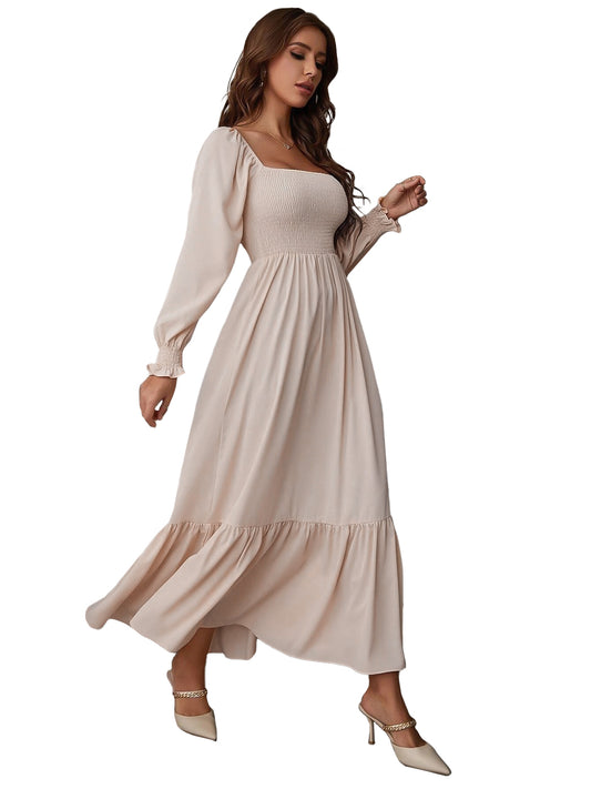 Anna-Kaci Women's Square Neck Shirred Ruffle Hem Long Sleeve Maxi Dress