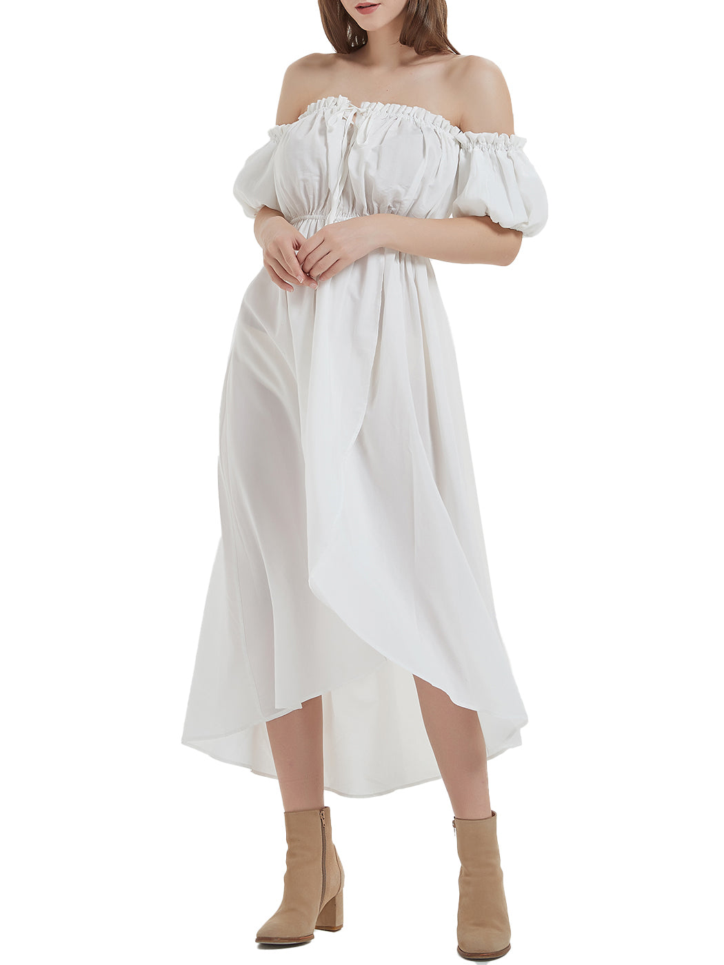 Anna-Kaci Women White Summer Fall Renaissance Dresses Casual Boho Lantern Sleeve Off Shoulder Fairy Long Dress Beige,Large