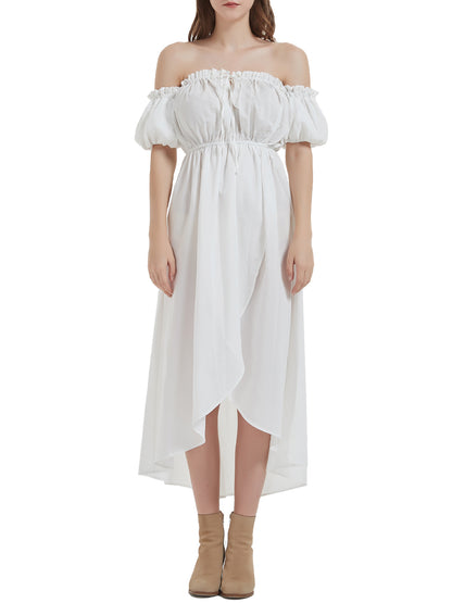 Anna-Kaci Women White Summer Fall Renaissance Dresses Casual Boho Lantern Sleeve Off Shoulder Fairy Long Dress