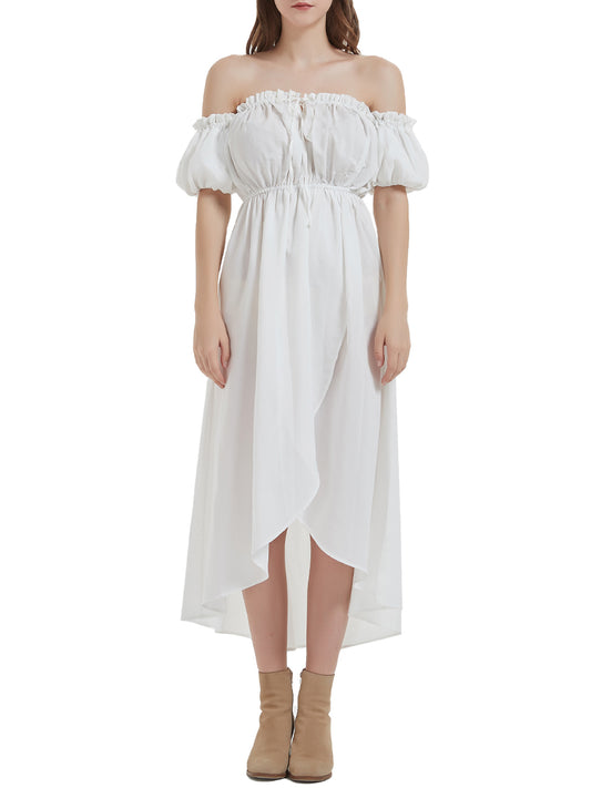 Anna-Kaci Women White Summer Fall Renaissance Dresses Casual Boho Lantern Sleeve Off Shoulder Fairy Long Dress
