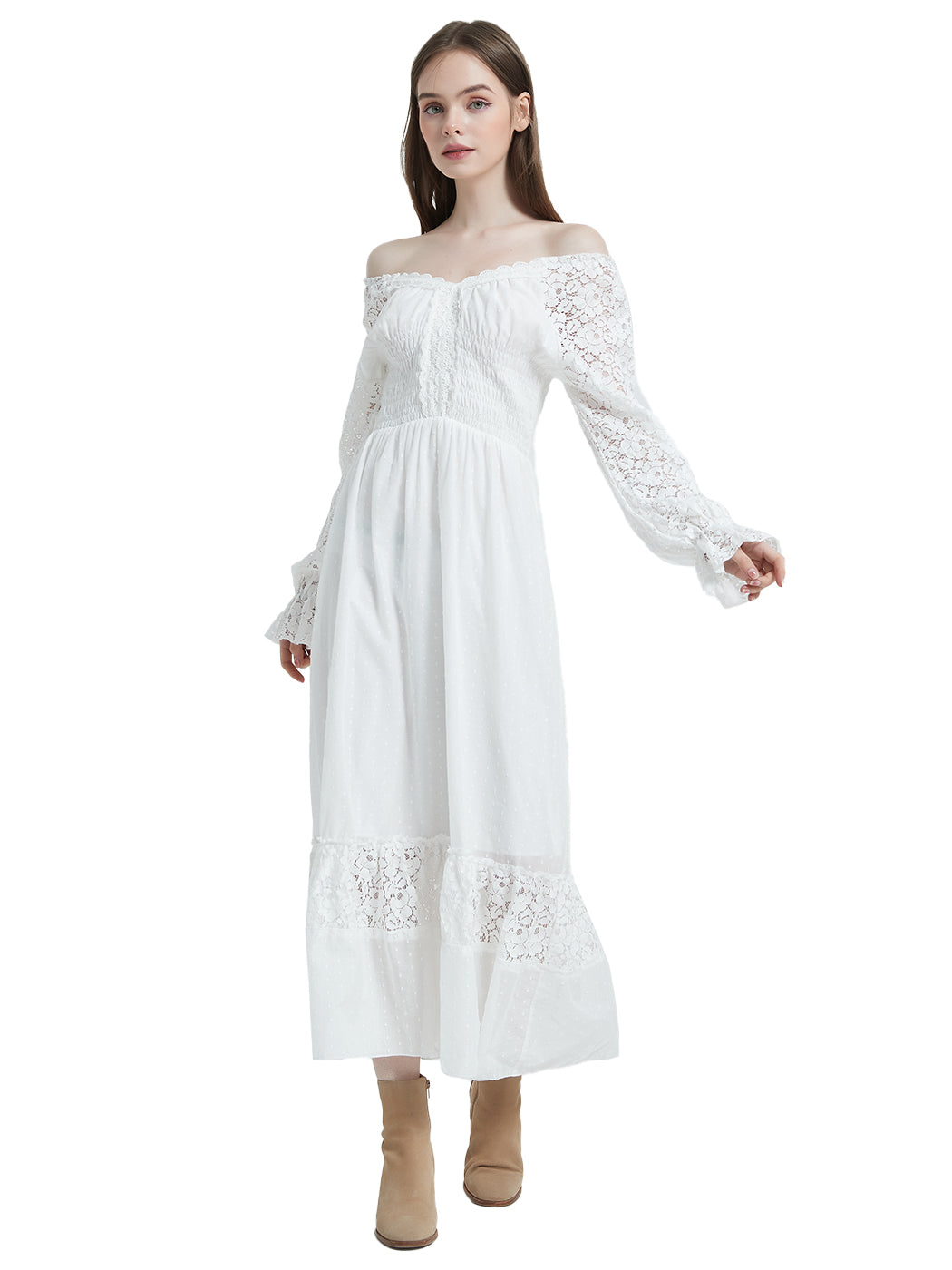 Anna-Kaci Womens Dresses Lace Long Sleeve V Neck Fall Maxi Dress for Women Casual Boho Fairy Wedding Long Dresses