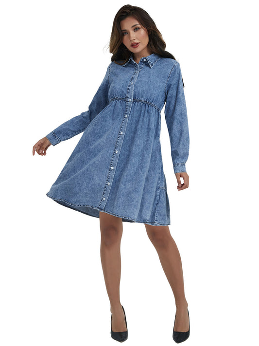 Anna-Kaci Women's Casual Long Sleeve High Waist Button Down Tiered Denim Shirt Dress