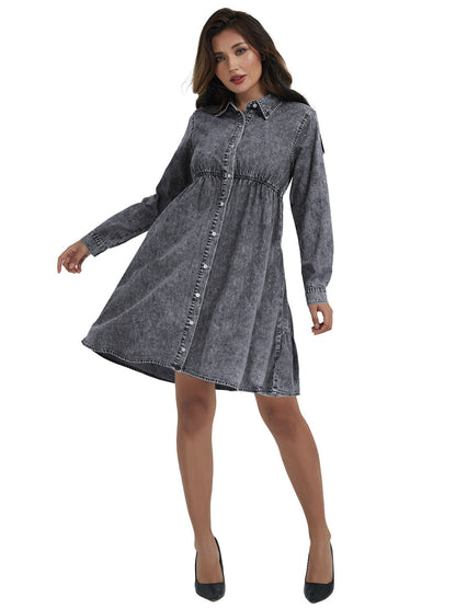 Anna-Kaci Women's Casual Long Sleeve High Waist Button Down Tiered Denim Shirt Dress