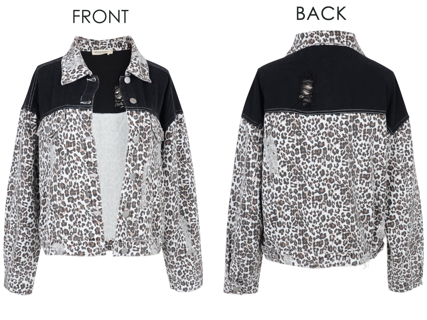 Anna-Kaci Women Fashion Long Sleeve Leopard Print Colorblock Denim Jacket
