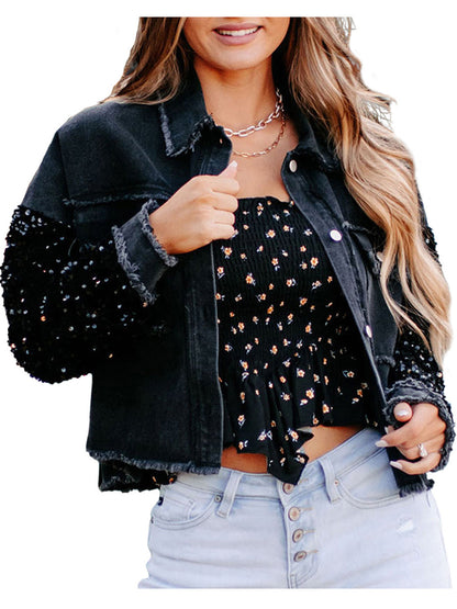 Anna-Kaci Women Sequin Long Sleeve Button Down Cropped Denim Jacket with Pockets