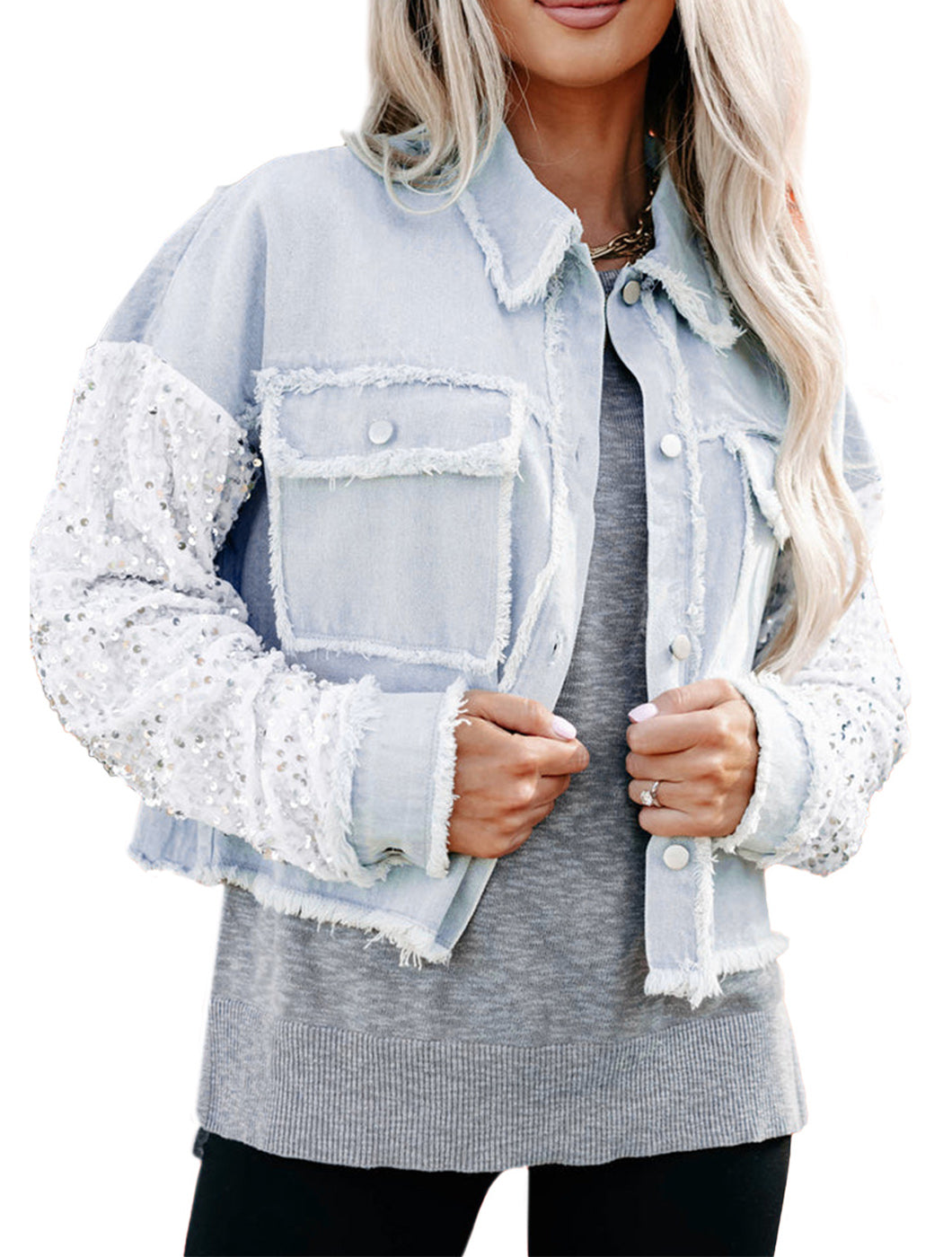 Anna-Kaci Women Sequin Long Sleeve Button Down Cropped Denim Jacket with Pockets