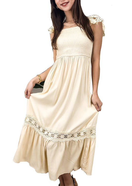 Anna-Kaci Womens Summer Boho Lace Strap Sleeveless Dress Flowy Ruffle Beach Party Maxi Dress