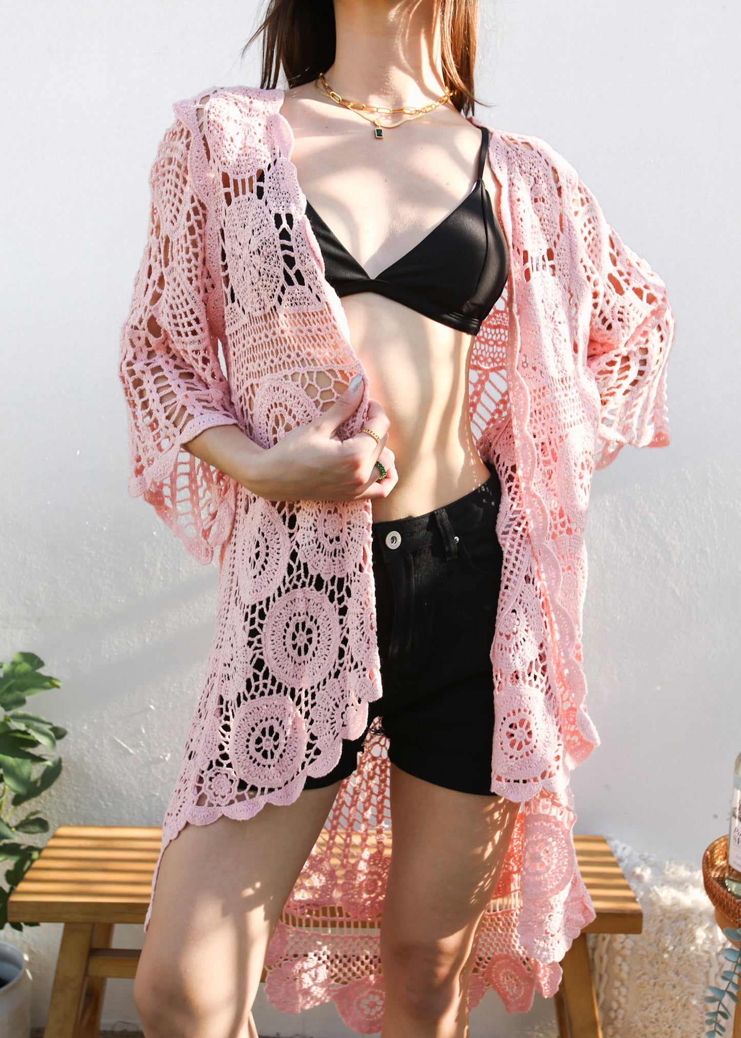Anna-Kaci Women's Crochet Long Vest Boho Short Sleeve Kimono Cardigan Swimwear Cover up
