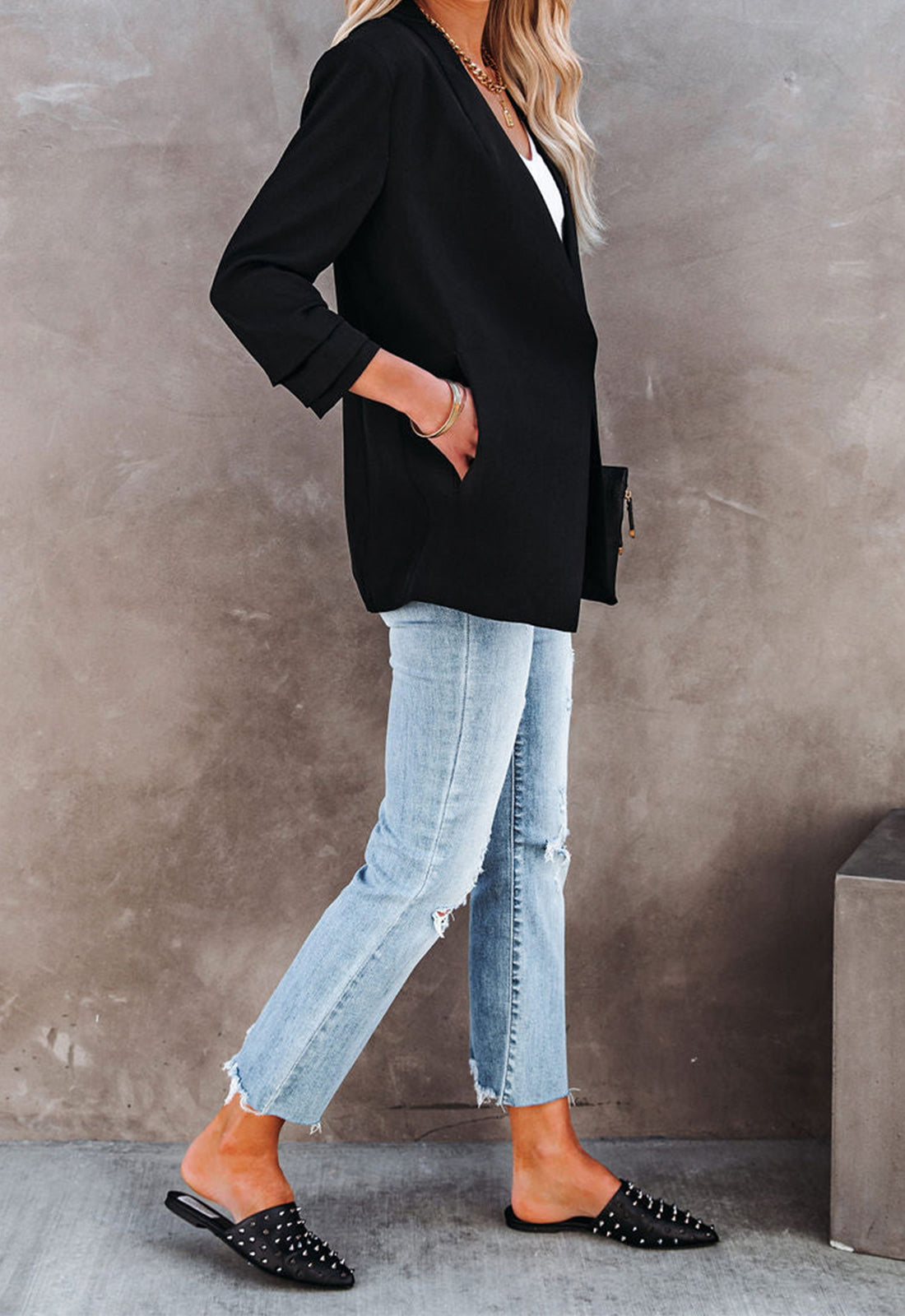 Anna-Kaci Womens Casual Blazer Ruched 3/4 Sleeve Open Front Solid Color Cardigan Work Office Jackets Boyfriend Blazer