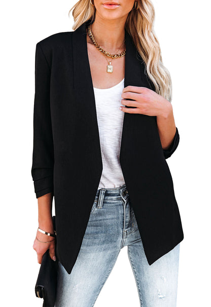 Anna-Kaci Womens Casual Blazer Ruched 3/4 Sleeve Open Front Solid Color Cardigan Work Office Jackets Boyfriend Blazer