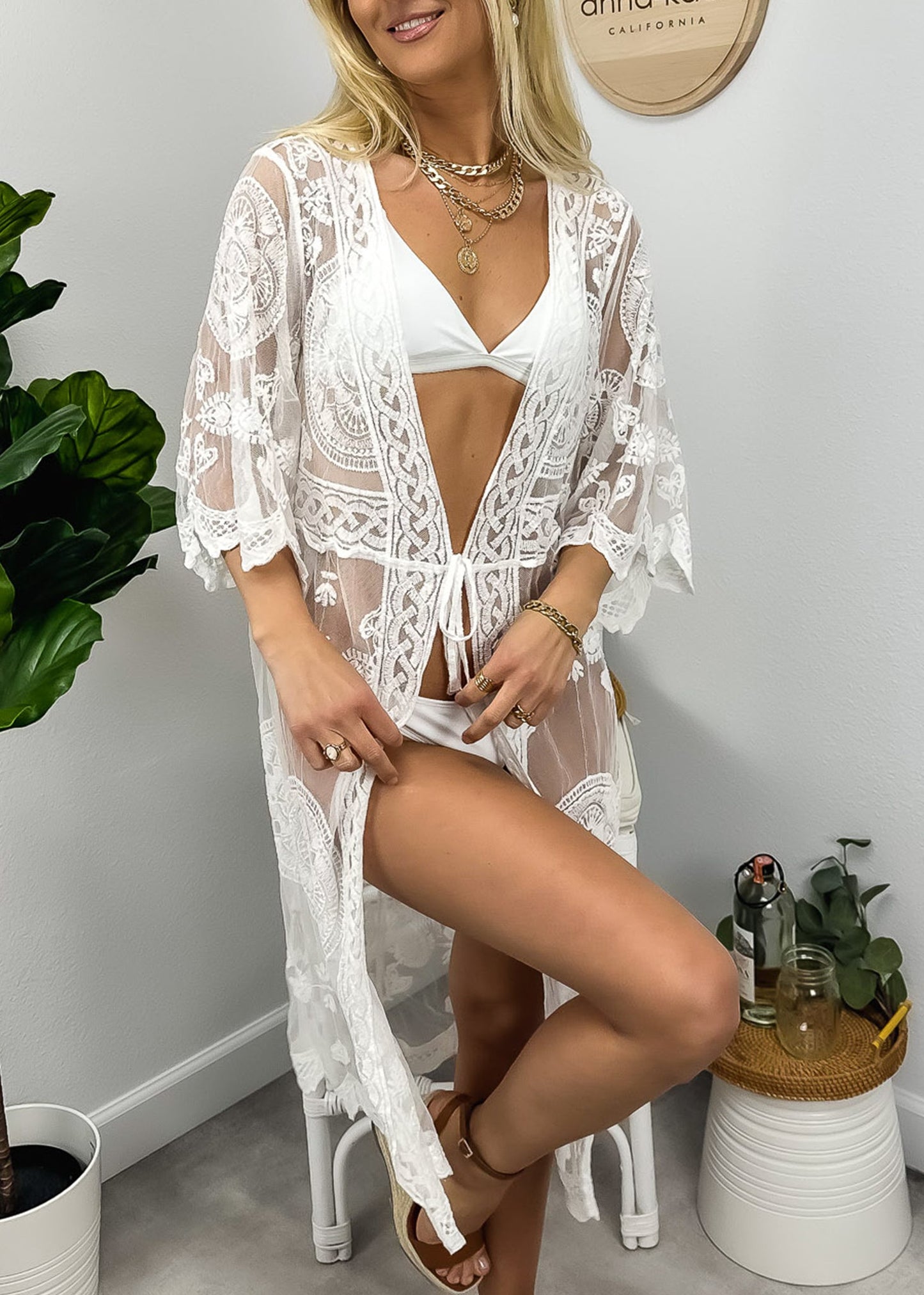 Half Sleeve Tie Front Embroidered Lace Kimono Cardigan Coverup
