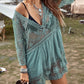 Anna-Kaci Women's Contrast Embroidered Lace V Neck Bikini Cover Up Beach Mini Dress with Half Sleeve