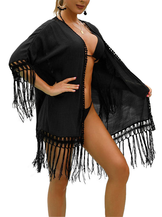 Anna-Kaci Women Boho Crochet Swimsuit Coverup Hollow Out Knitted Tassel Kimono Flowy Beach Cover Up