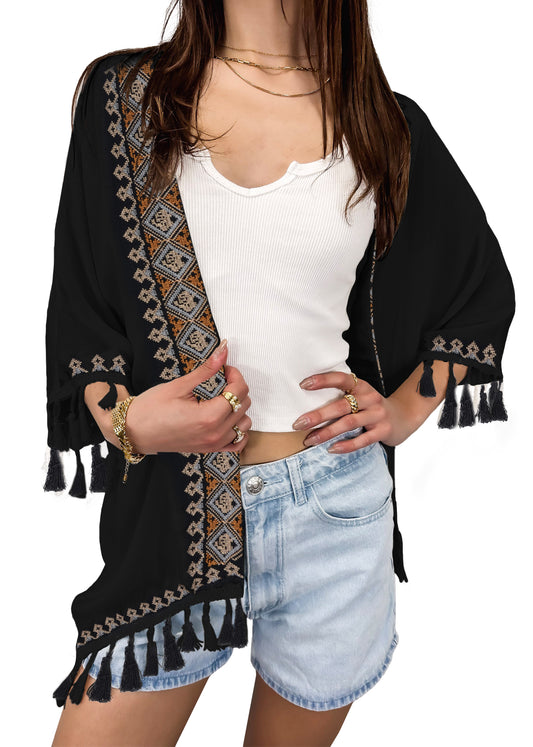 Anna-Kaci Women's Tribal Kimono Boho Open Front Tassel Cardigans Fringe Beach Swimsuit Coverups