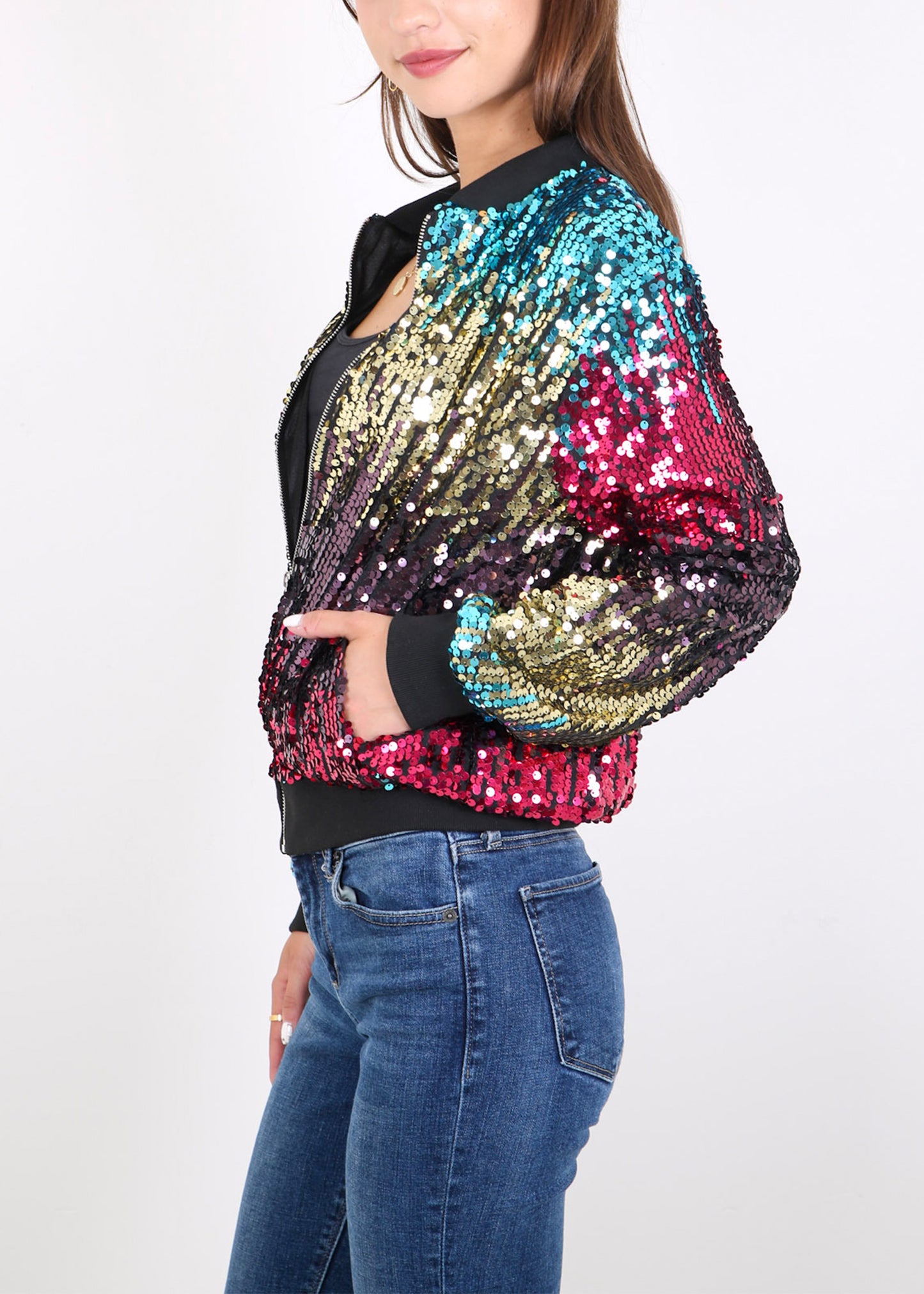 Anna-Kaci Womens Sequin Jacket Sparkle Long Sleeve Front Zip Casual Blazer Bomber Jacket With Pockets