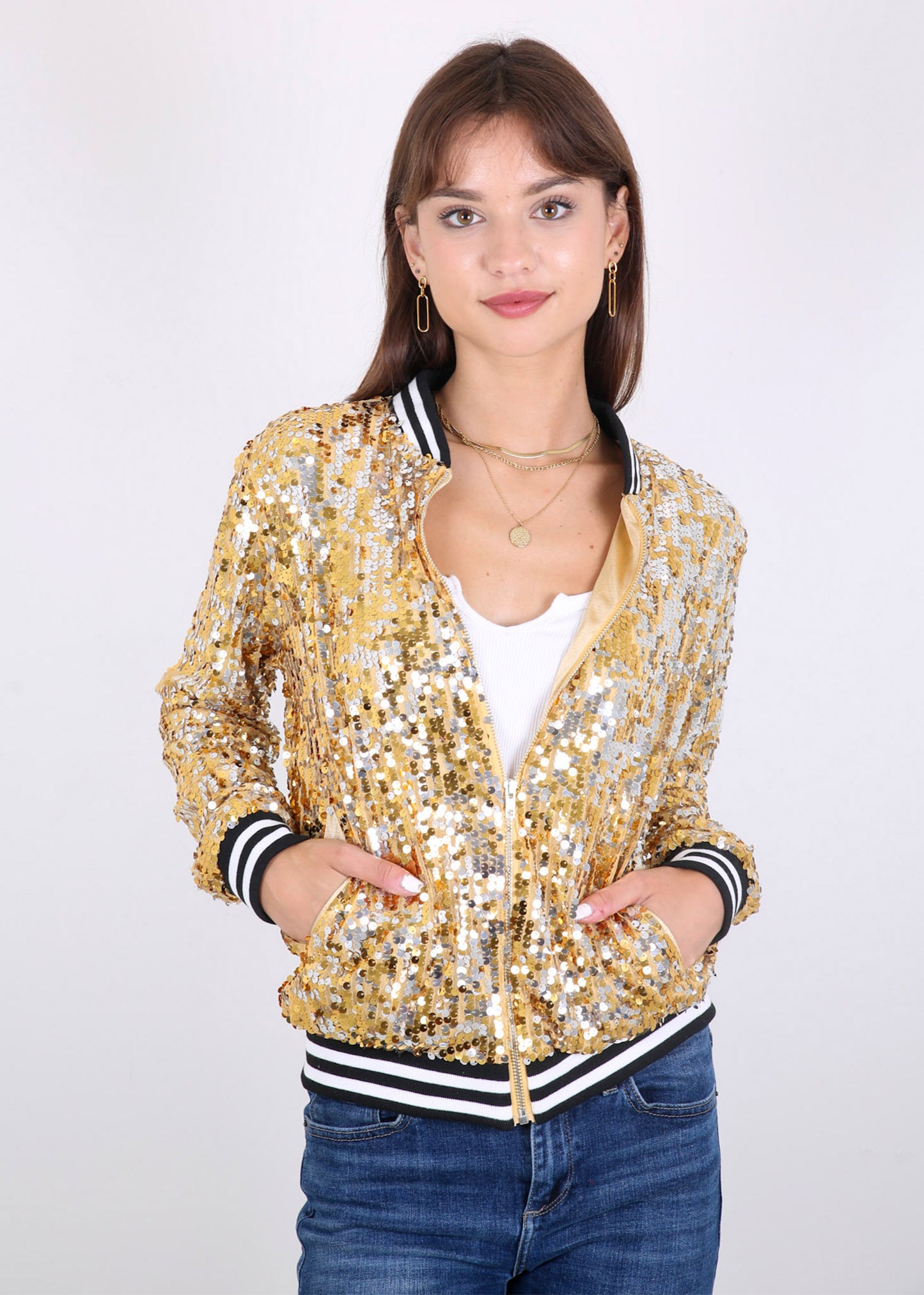 Anna-Kaci Womens Sequin Jacket Sparkle Long Sleeve Front Zip Casual Blazer Bomber Jacket With Pockets
