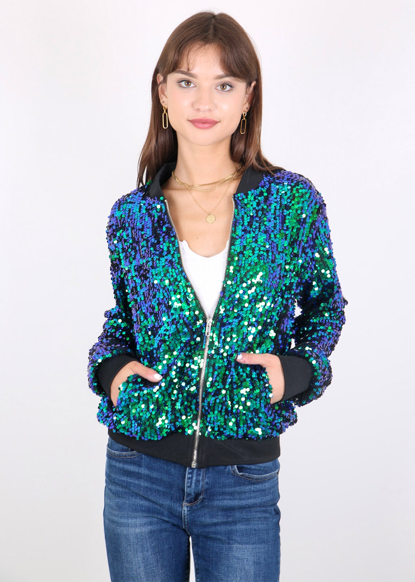 Anna-Kaci Womens Sequin Jacket Sparkle Long Sleeve Front Zip Casual Blazer Bomber Jacket With Pockets