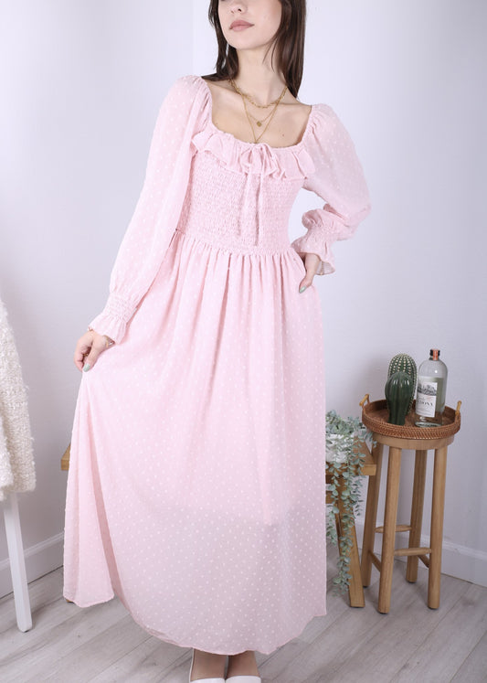 Anna-Kaci Long Sleeve Swiss Dot Lined Maxi Dress for Women Smocked Tied Detail Square Neck