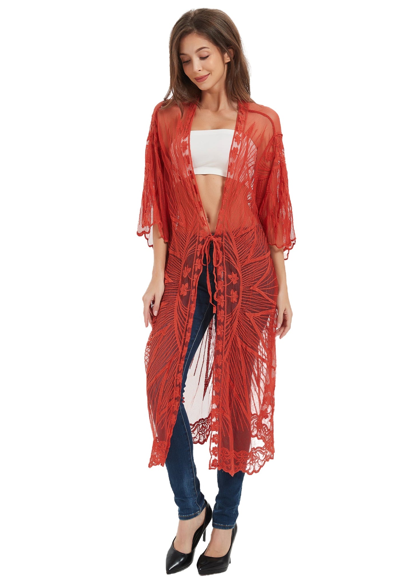 Half Sleeve Tie Front Embroidered Lace Kimono Cardigan Coverup