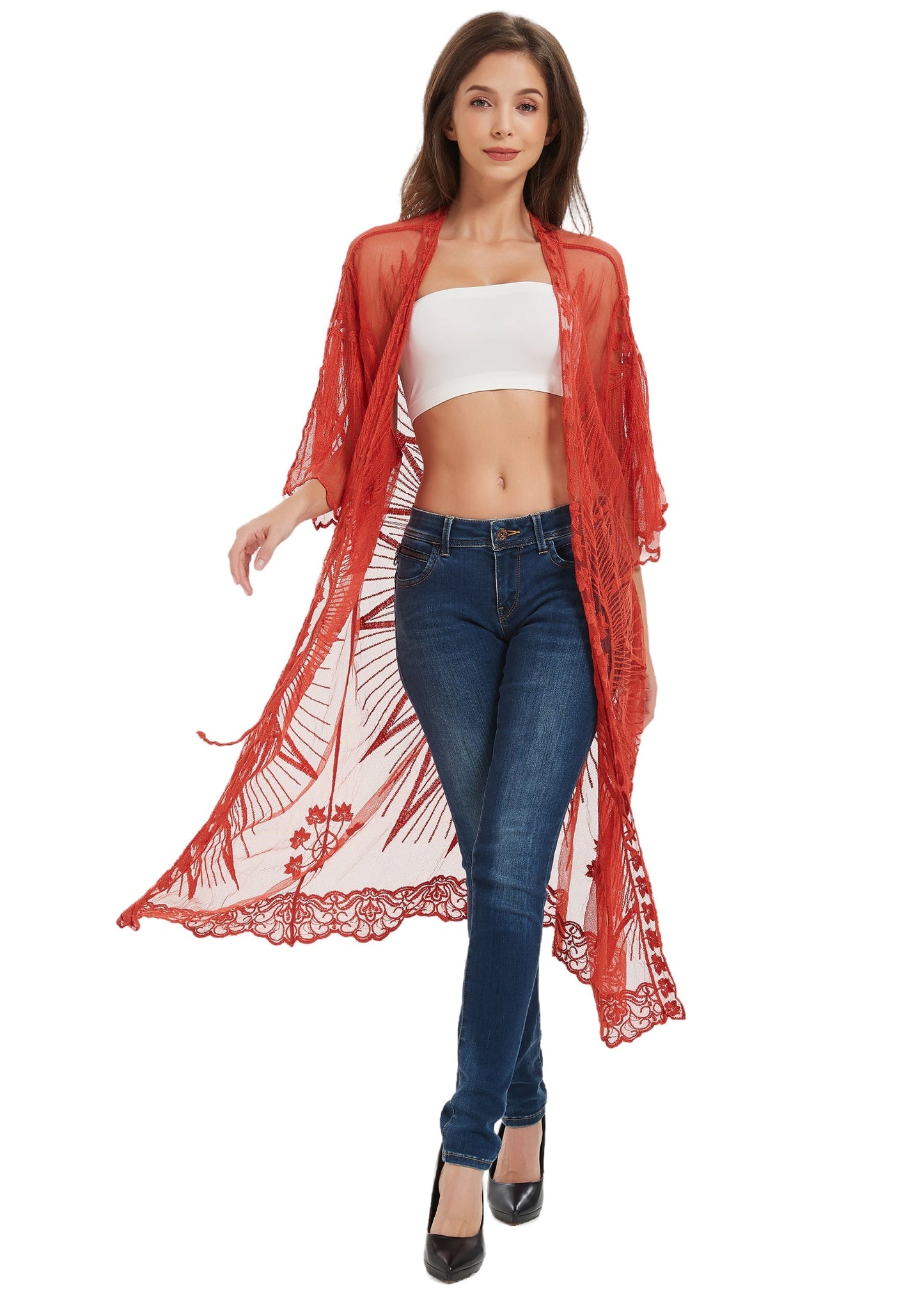 Half Sleeve Tie Front Embroidered Lace Kimono Cardigan Coverup