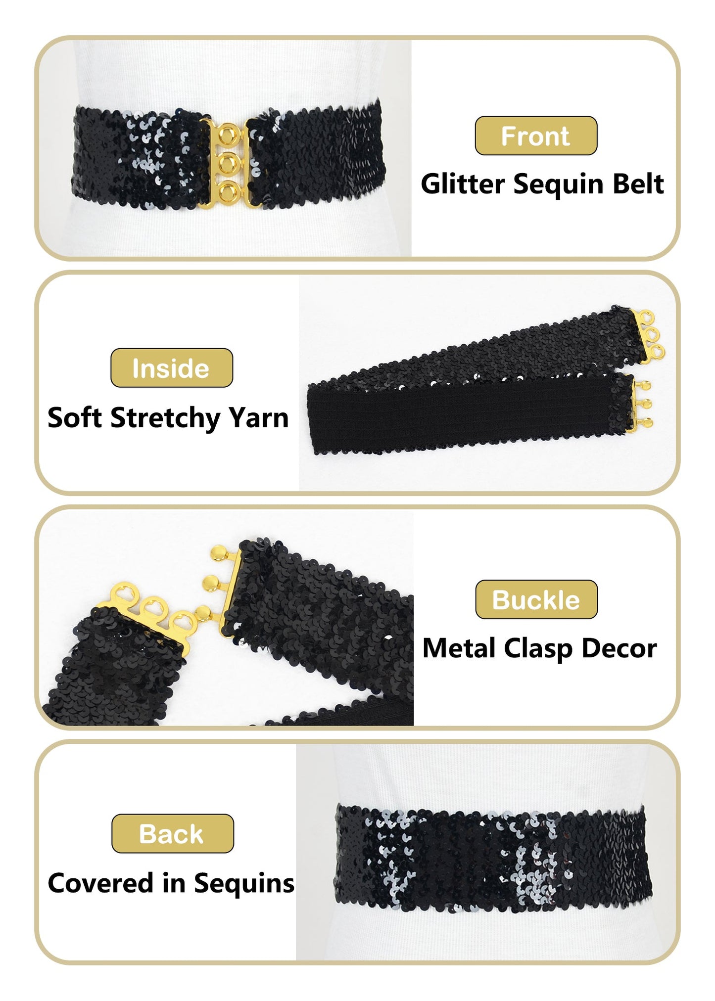 Anna-Kaci Women Glitter Sequin Belts Stretchy Sparkly Cinch Belt Disco Party Costume Elastic Waist Accessory