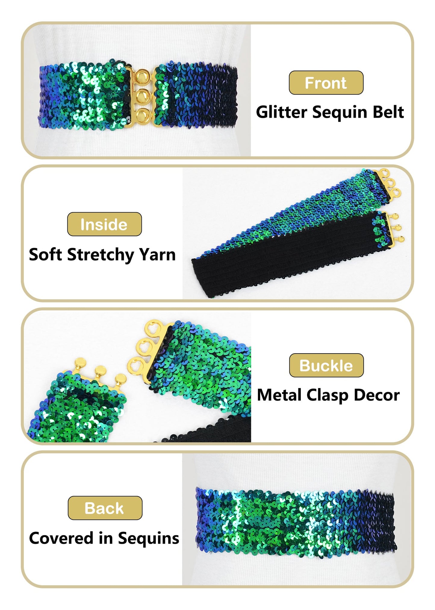 Anna-Kaci Women Glitter Sequin Belts Stretchy Sparkly Cinch Belt Disco Party Costume Elastic Waist Accessory