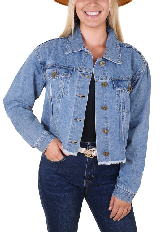 Anna-Kaci Women's Denim Jacket Cropped Raw Hem Casual Button Down Jean Jacket with Pockets