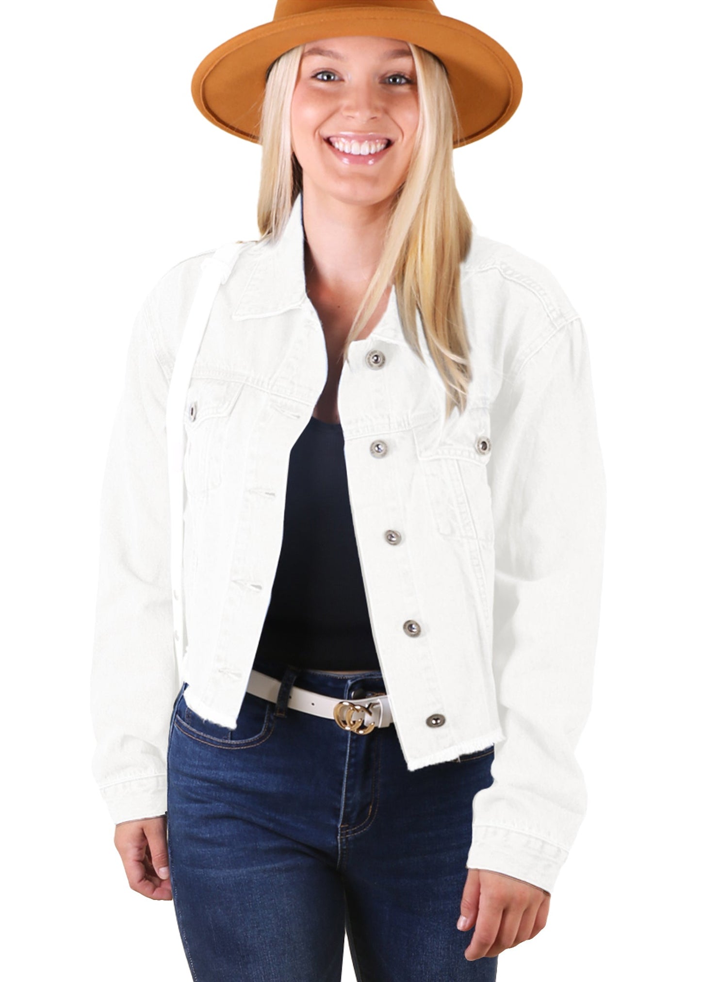 Anna-Kaci Women's Denim Jacket Cropped Raw Hem Casual Button Down Jean Jacket with Pockets