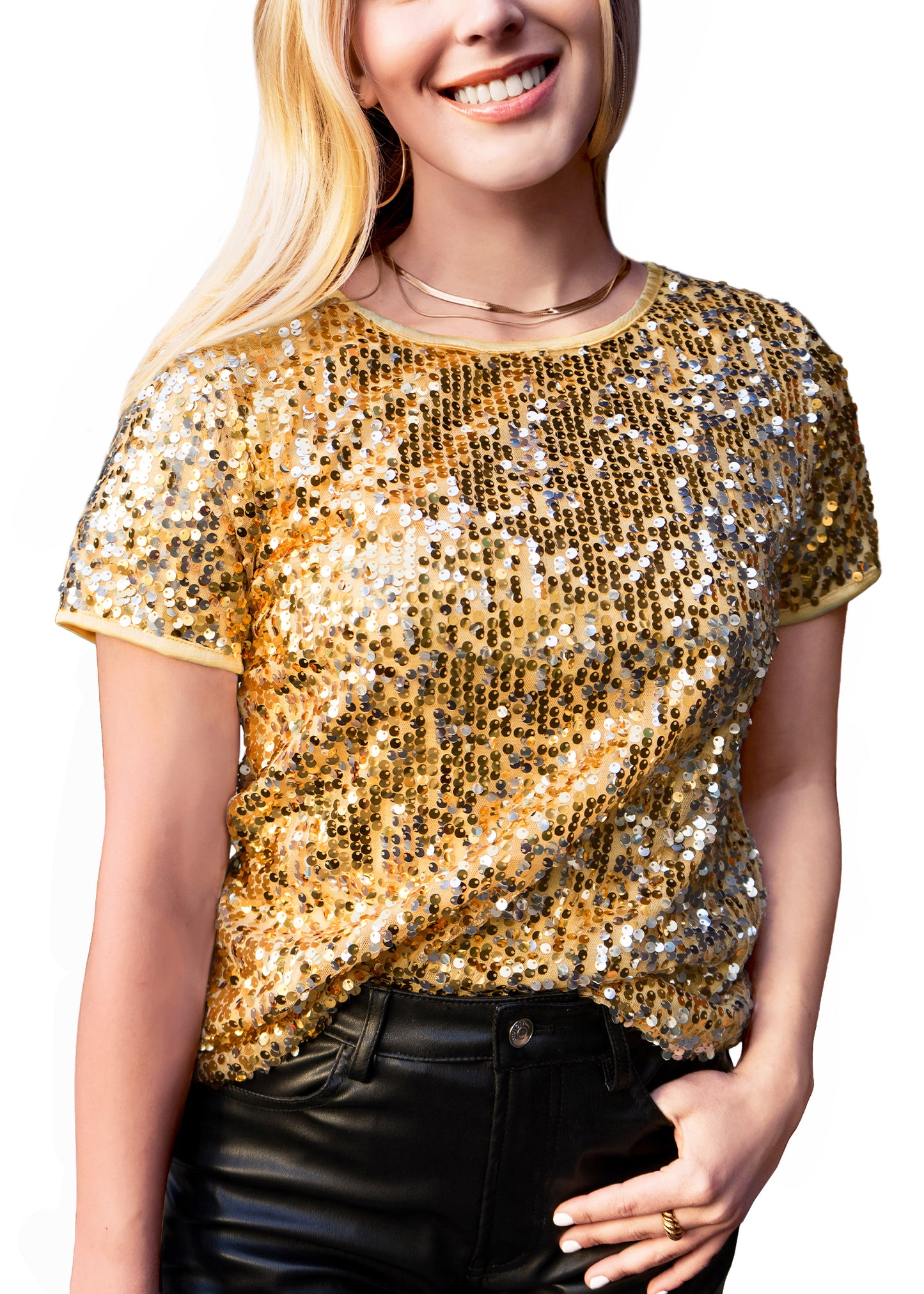 Anna-Kaci Women's Glitter Sequin Tops Short Sleeve Sparkly Shirt Blouse