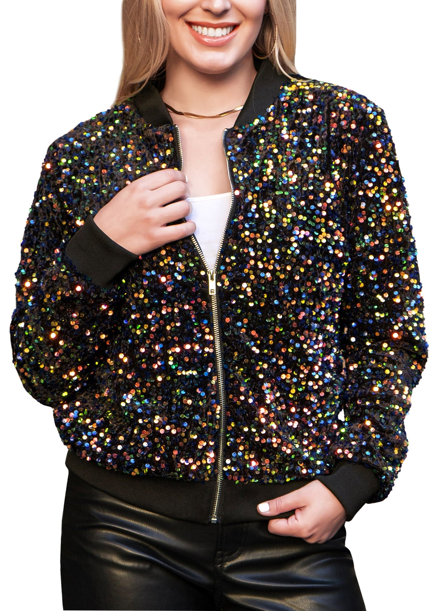 Anna-Kaci Women's Sparkly Sequin Jacket Glitter Long Sleeves Front Zip Up Bomber Jacket with Ribbed Cuffs