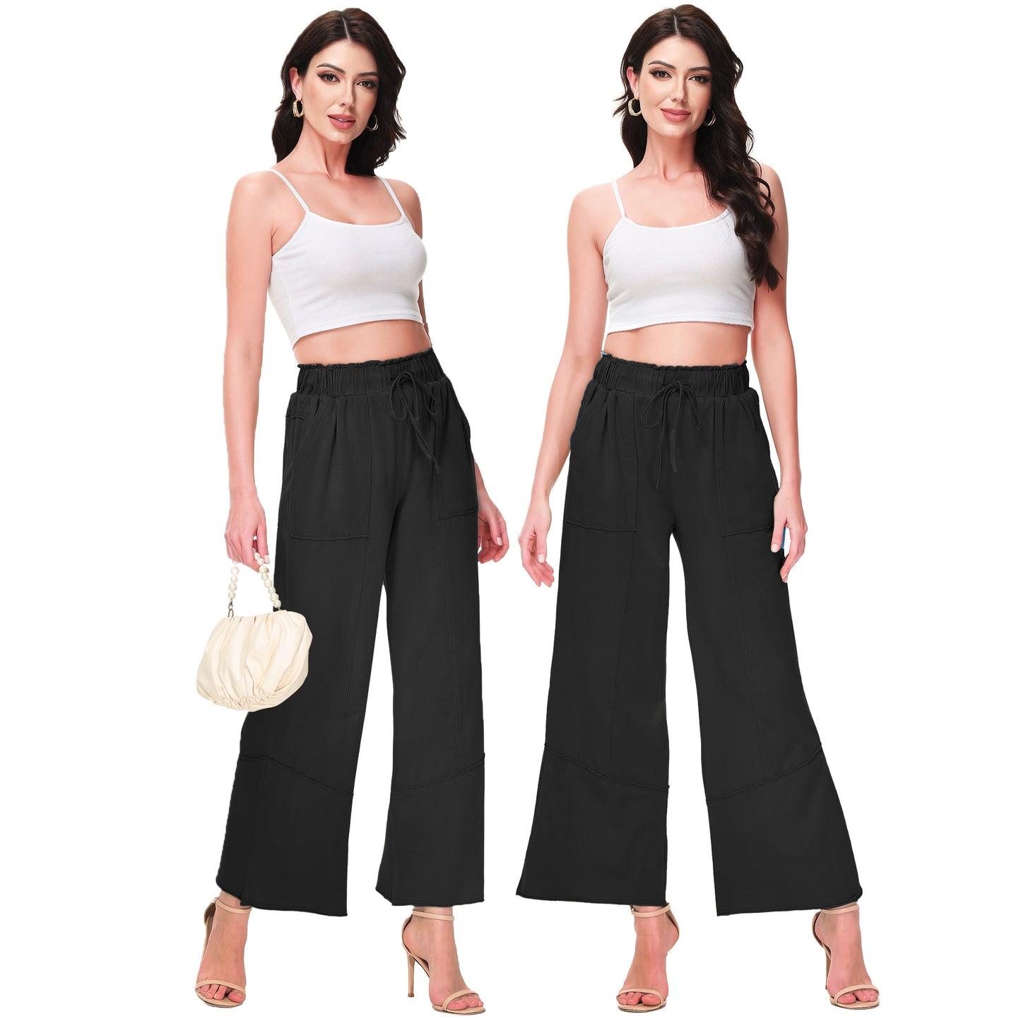 Anna-Kaci Womens High Waist Drawstring Wide Leg Long Pants Casual Loose Soft Ladies Pants with Pockets