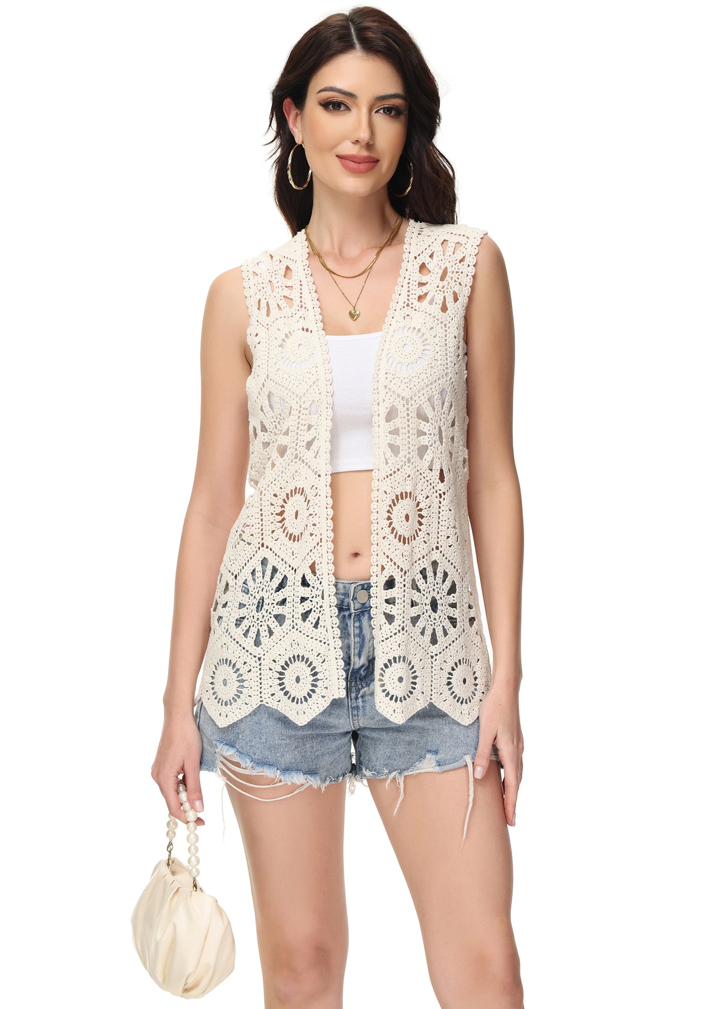 Anna-Kaci Womens Floral Crochet Cardigan Lace Trim Sleeveless Open Front Vest